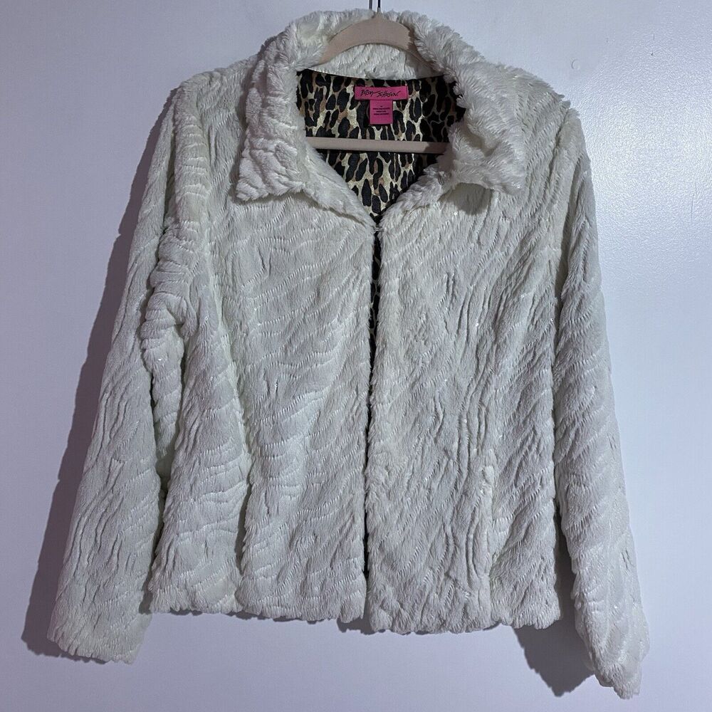 Betsy Johnson‎ Jacket M White Faux Fur Sequin Coat Animal Print Holiday Party